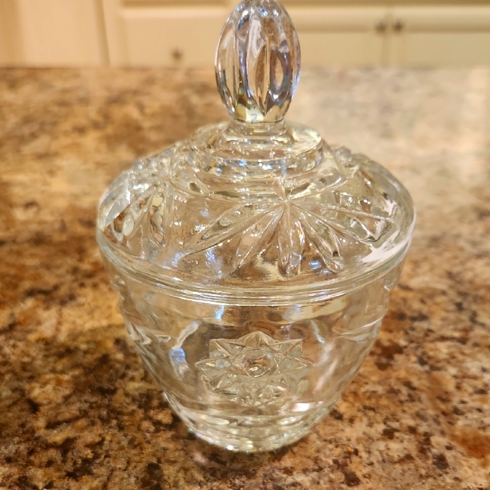 Anchor Hocking "Star of David" clear glass sugar bowl. Put Fairy Lights Inside!